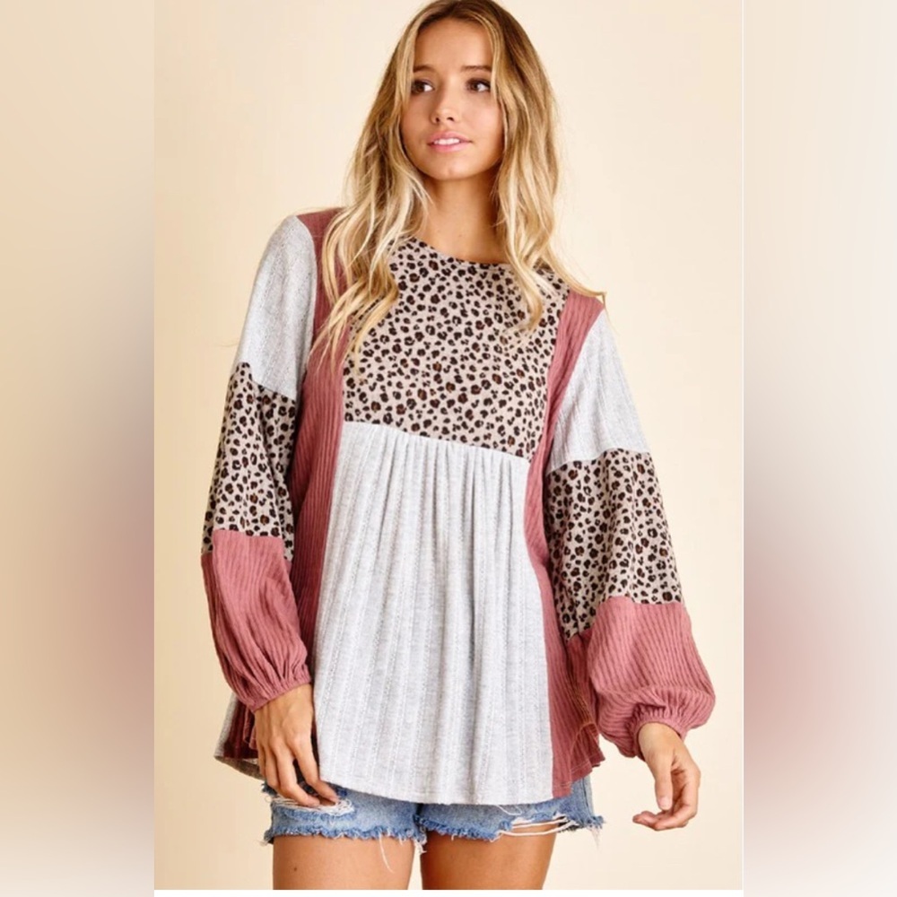 Ces Femme Pink and Gray Leopard Patchwork Boho Peasant Blouse